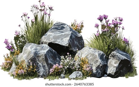 Heavy rocks, grassy flowery decoration, vector illustration, nature elements, isolated on transparent background, landscape, floral, stone arrangement, outdoor decor, grass field