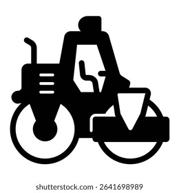 Heavy roller for laying asphalt surface solid icon, making road concept. Vector graphics. Motor vehicle, heavy transport sign on white background, style mobile or design