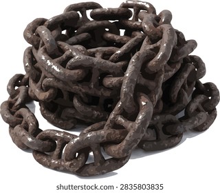 A heavy rusty metal chain coiled on a white background