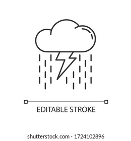 Heavy showers pixel perfect linear icon. Meteo forecast thin line customizable illustration. Contour symbol. Raining thundercloud with lightning bolt vector isolated outline drawing. Editable stroke