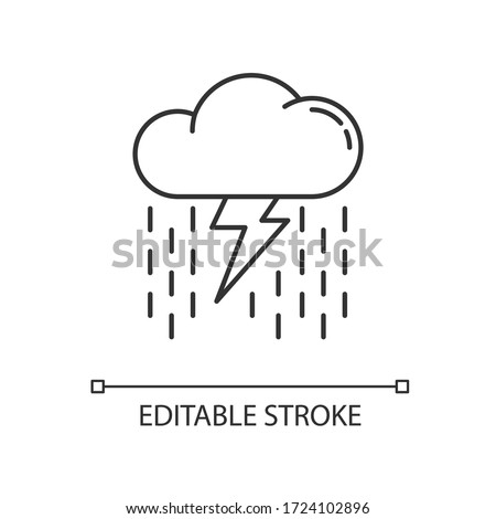 Heavy showers pixel perfect linear icon. Meteo forecast thin line customizable illustration. Contour symbol. Raining thundercloud with lightning bolt vector isolated outline drawing. Editable stroke