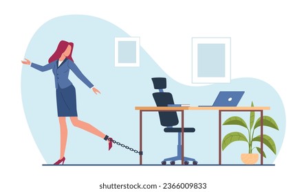 Trabajos de oficina de esclavos pesados, empleada de chicas encadenada a la mesa. Mujer con exceso de trabajo. Deprimida empresaria estresada en el lugar de trabajo. Mujer prisionera. Dibujo plano de caricatura aislado. Concepto de vector