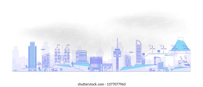 Heavy smog and fine dust. Nature pollution plant pipe dirty waste air and water polluted environment flat vector Illustration