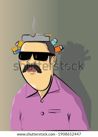 Heavy smoker with ashtray on his head