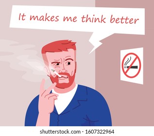 Heavy smoker flat color vector illustration. It makes me think better. Smoking in public place. Smoke addicted man. Bearded guy with cigarette in prohibited place cartoon character