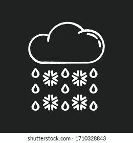 Heavy snow, sleet chalk white icon on black background. Winter weather forecast, meteorology. Atmospheric precipitation. Cloud with snowflakes and raindrops isolated vector chalkboard illustration