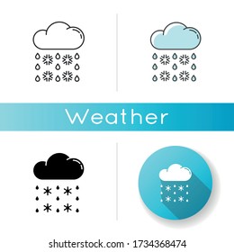 Heavy snow, sleet icon. Linear black and RGB color styles. Winter weather forecast, meteorology. Atmospheric precipitation. Cloud with snowflakes and raindrops isolated vector illustrations