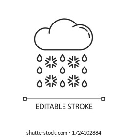 Schneefräse, glatter Pixel perfekte Linearsymbol. Wetter prognostiziert dünne Linie anpassbare Illustration. Contour-Symbol. Bewölkt mit Schneeflocken und Regentropfen, Vektorgrafik einzeln. Bearbeitbarer Hub