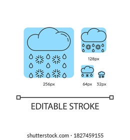 Nieve pesada, con iconos turquesa trinitalizados. Predicción meteorológica. Nube con copos de nieve, gotas de lluvia. Ilustraciones vectoriales de línea delgada personalizables de 256, 128, 64 y 32 px. Símbolos de contorno. Trazo editable