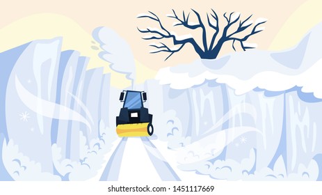 Heavy snow in winter. Bulldozer machine cleaning the road. Winter blizzard. Vector illustration in cartoon style