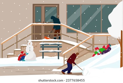 Heavy snowfall in the city. People are shoveling snow on the street, children are having fun. Vector illustration.