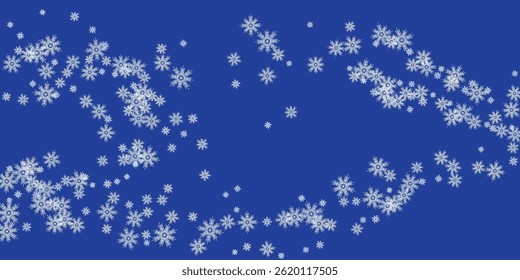 Heavy snowfall in different shapes and forms. Falling Christmas snow.  Winter snow border blue decoration, greeting card.