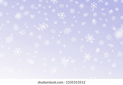 Heavy snowfall. Many white cold flake elements on transparent background. Snowflakes in the air. Snow background. Vector illustration
