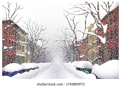 Heavy snowfall on the street. Vector illustration