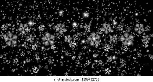 Heavy snowfall, snowflakes in different shapes, forms, vector illustration. Many white cold flake elements on black background.