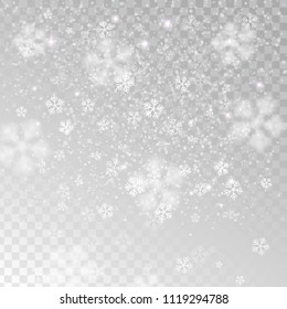 Nieve gruesa, copos de nieve en diferentes formas y formas, ilustración vectorial. Muchos elementos blancos de copos fríos aislados sobre fondo transparente. Copos de nieve blancos volando en el aire.