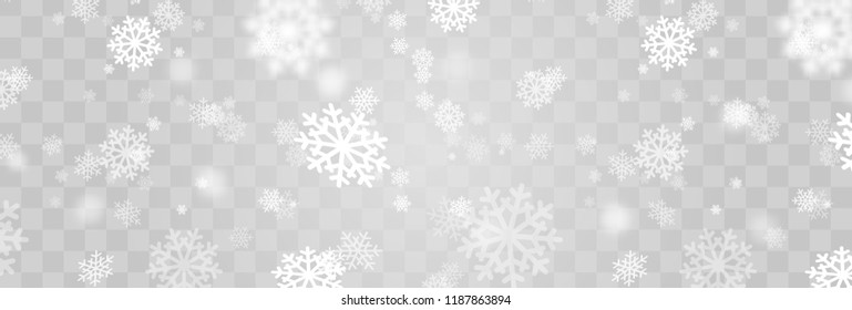 Heavy snowfall, snowflakes in different shapes, forms, vector illustration. Many white cold flake elements on transparent background.