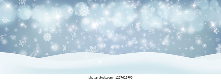 Nieve gruesa, copos de nieve en diferentes formas y formas, ilustración vectorial. Elementos blancos de copos fríos sobre fondo azul, bokeh, luces desenfocadas. Nieves realistas y blancas. 