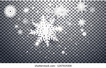 	
Heavy snowfall, snowflakes in different shapes and forms, vector illustration. Many white cold flake elements isolated on transparent background. White snowflakes flying in the air.