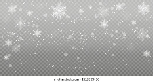 Heavy snowfall, snowflakes in different shapes and forms. Falling snowflakes on dark background. Snowfall. Vector illustration.