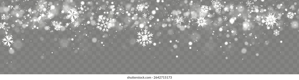 Heavy snowfall, snowflakes in different shapes and forms. Falling snowflakes on dark background. Snowfall.