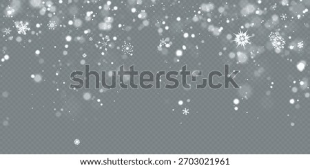 Heavy snowfall, snowflakes in different shapes and forms. Falling snowflakes on dark background. Snowfall