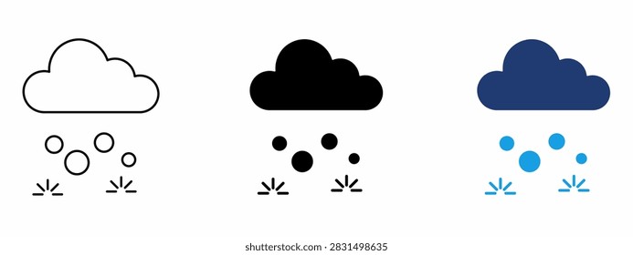 Heavy snowfall and winter cloud weather icon set. Symbol of snowstorm, cold precipitation, snow pellets shower, freezing climate, flurries, and blizzard. Vector graphic.