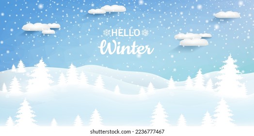 Heavy Snowfall Winter Landscape With Clouds With Gradient Mesh, Vector Illustration