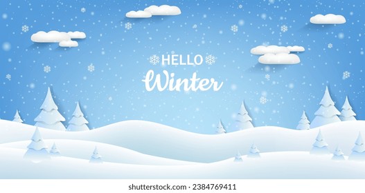Heavy Snowfall Winter Landscape With Clouds With Gradient Mesh, Vector Illustration