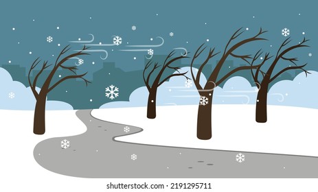 a heavy snowstorm tilts the trees