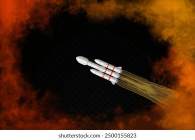 Heavy space rocket flyes inside red, scarlet, orange realistic clouds along the rectangular frame isolated on black transparent background. Vector illustration.