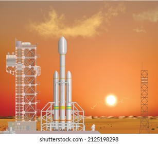 Heavy Space Rocket Launch To Mars At Sunset. The American Space Carrier On Space-vehicle Launching Site Consisting Of Truss Construction Located In The Desert. Mission To Mars Vector Illustration.