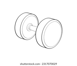 Heavy sport dumbbell for gymnastics, outline sketch vector isolated with white background.