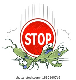 Heavy stop sign fell down on bacteria. Cartoon bacteria series.