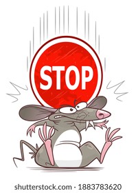 Heavy stop sign fell down on mouse. Cartoon pest mouse series.