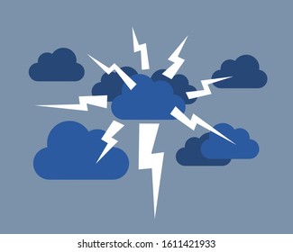 Heavy storm and thunderstom - bolt of lightning and dark cloud during overcast weather. Vector illustration.