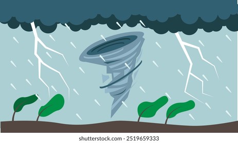 Heavy Storm with Whirlwind Tornado. Bad weather and climatic disasters concept vector illustration