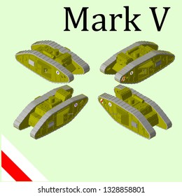 Heavy tank of the first world war, great Britain. Isometric 3d. from different sides.