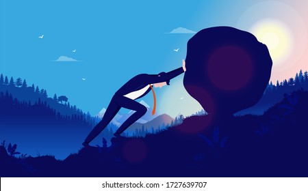 Heavy task and problems - Business man pushing heavy rock up hill with sun mountains and forest in background. Hard work, reach success, overcome adversity concept. Vector illustration.