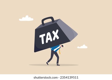 Heavy tax burden to pay off, weight or debt problem, bankruptcy or financial problem, government obligation concept, businessman carry heavy weight with the word TAX.