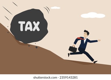 Heavy tax burden to pay off, heavy problems, bankruptcy, government liability concept, businessman running from rolling tax boulder. Vector illustration of successful businessman.