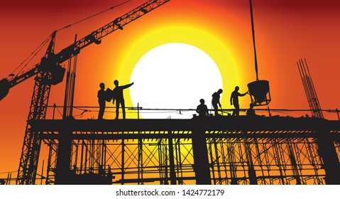 Heavy technicians and repair engineers work in teams on construction sites.