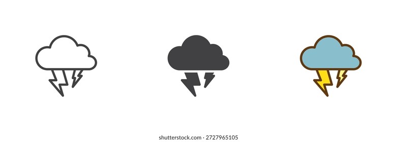 Ícone de tempestade pesada definido em linha, sólido e preenchido esboço colorido estilo. Ícone de relâmpago de nuvem de chuva, sinal de vetor de cor e símbolo. Ícone de tempo pack.