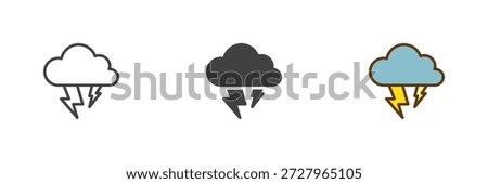 Heavy thunderstorm icon set in line, solid and filled outline colorful style. Rain cloud lightning icon, color vector sign and symbol. Weather icon pack.