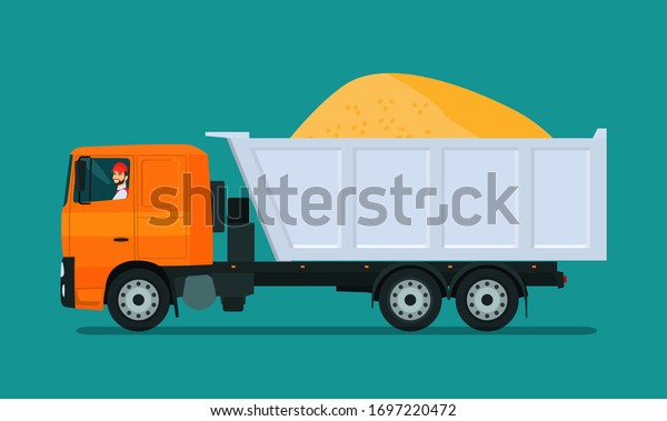 Heavy tipper with a driver and with sand\
isolated. Vector flat style\
illustration.