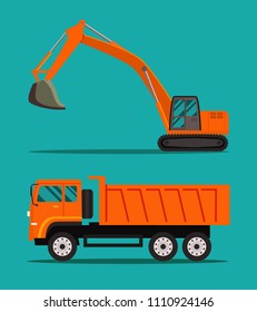 Heavy tipper and excavator isolated. Vector flat style illustration