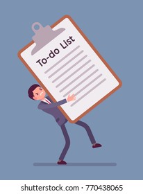 Heavy to-do list. Young busy manager holding a giant clipboard with long list of tasks needs to be completed, too many things to do at work. Vector business concept flat style cartoon illustration