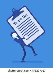 Heavy to-do list. Young busy manager holding a giant clipboard with long list of tasks needs to be completed, too many things to do at work. Vector business concept illustration, faceless characters