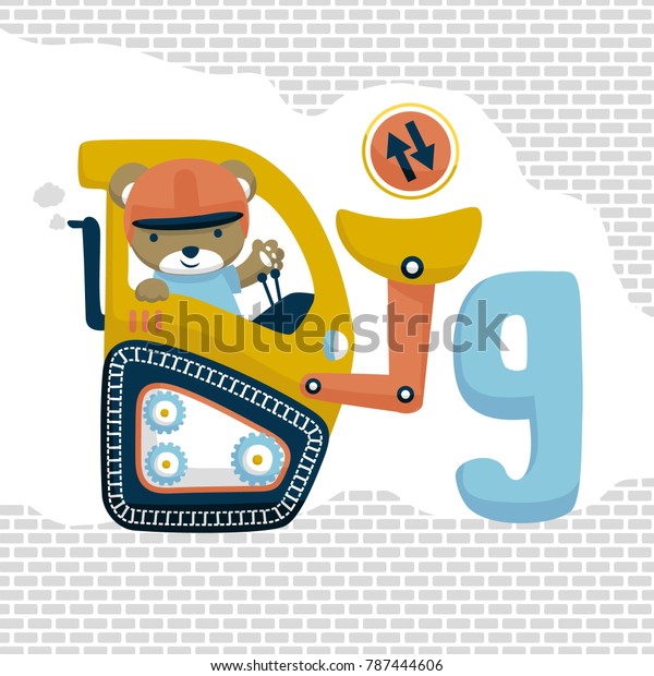Heavy tool cartoon vector with cute driver,\
yellow digger on bricks\
background