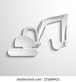 Heavy tracked  white excavator isolated on light-white background in polygonal style. 